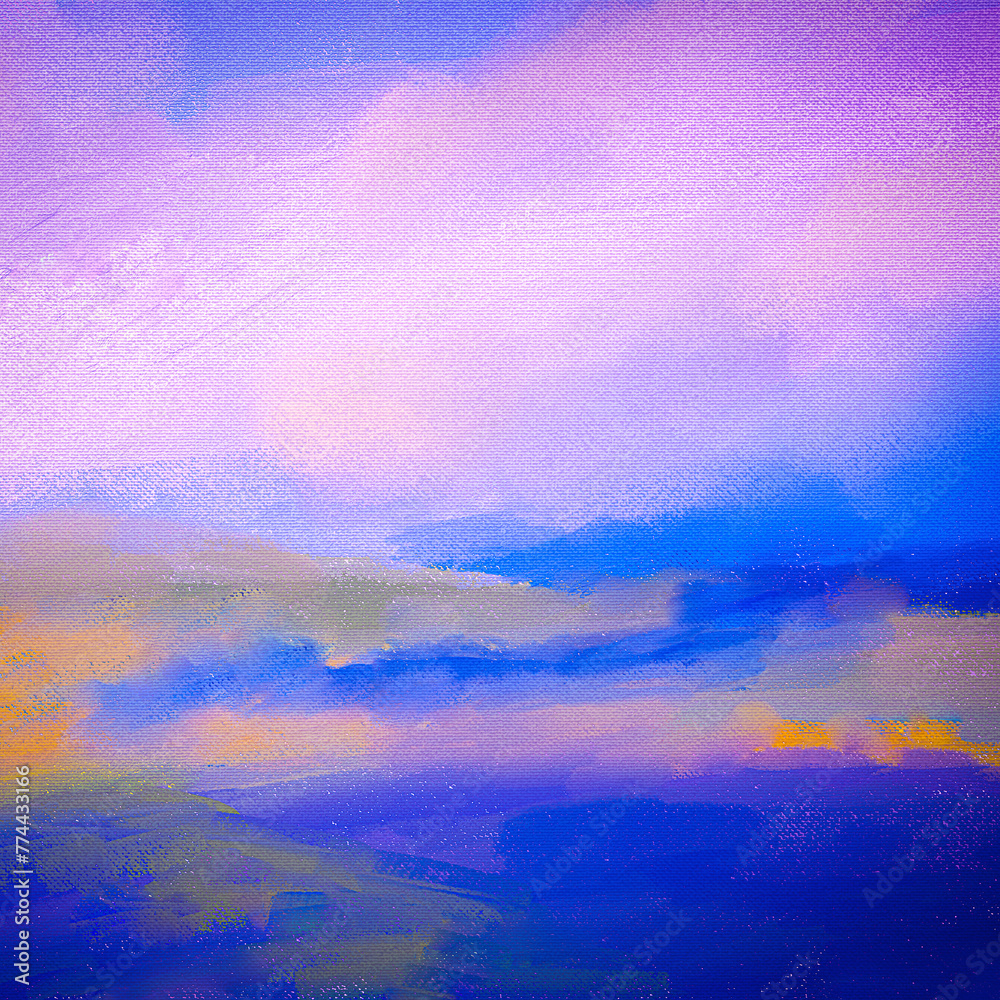 Impressionistic Landscape of Hills with a Lake & Cloud in Vibrant Hues of Blue, Purple, & Orange with Canvas Texture