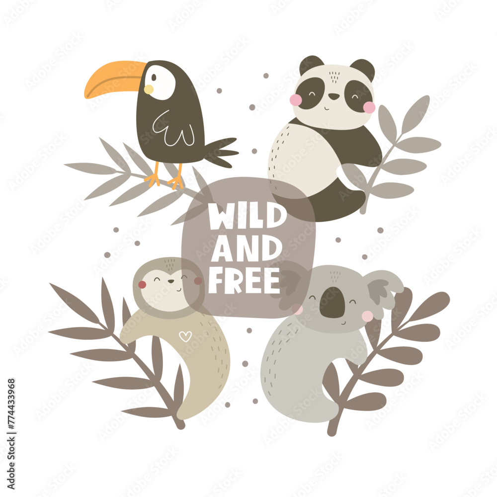 Naklejka premium Wild and free. cartoon animals, hand drawing lettering. flat style, colorful vector for kids. baby design for cards, poster decoration, print