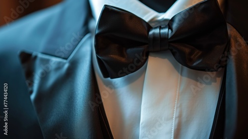 white suit with a big black bow and black handkerchief photo