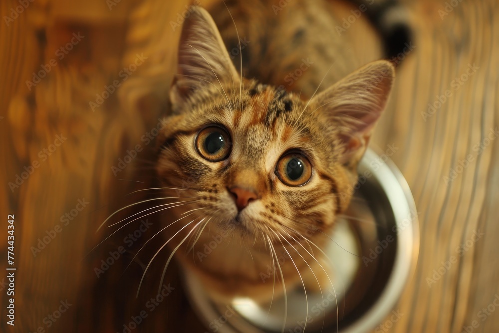 The hungry cat asks to eat while sitting at an empty bowl and looking up at the owner The hungry cat asks to eat while sitting at an empty bowl and looking up at the owner