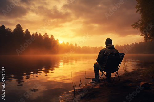 Man sits in chair by lake at sunset, admiring the natural landscape