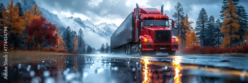 Rainy day delivery service: Red commercial semi-truck with cargo in transit