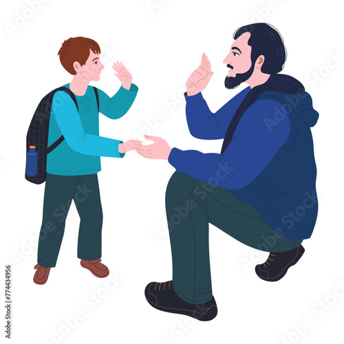 A young father accompanies his son to school and gives his son a high five. Concept of raising a happy family.Happy Father's Day. Simple vector illustration design