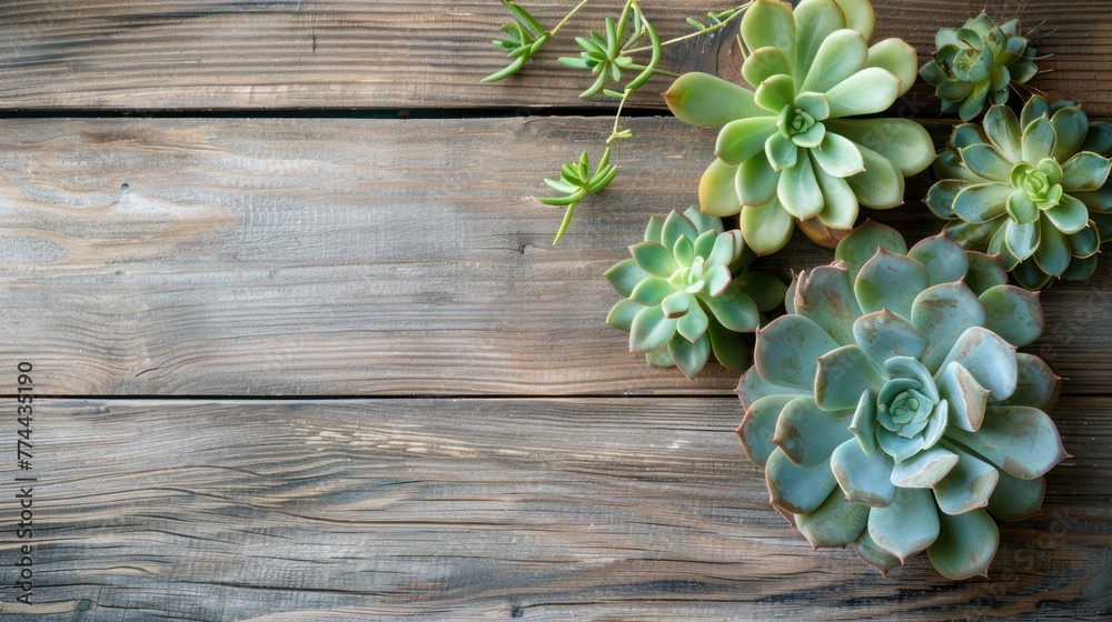 Top view of green succulent plants on the pots at wooden board ...