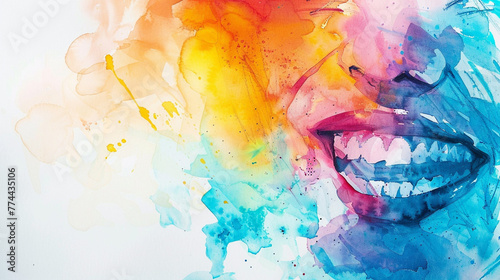 Beautiful laughing woman face abstract watercolor illustration on the paper. happy smile. Happiness emotions. Concepts about emotional health, joy, pleasure, enjoy. Psychology, mentality,feeling.