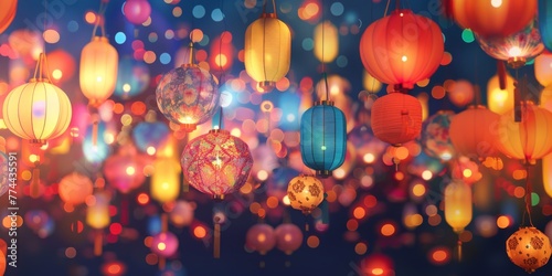 Vibrant festival lantern texture, with paper lanterns in a multitude of colors and patterns, lighting up the night sky in celebration of traditions created with Generative AI Technology