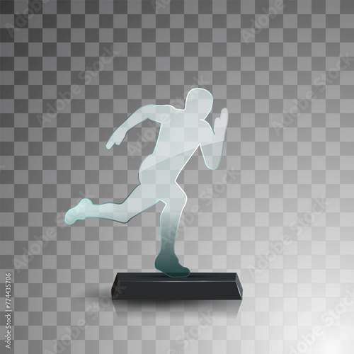 Glass winner trophies. Glass Trophy Awards. First place award, crystal prize and signed acrylic trophies. Glass award trophy or winner prize realistic vector illustration. Transparent crystal plate or