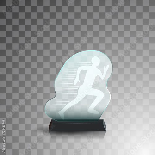 Glass winner trophies. Glass Trophy Awards. First place award, crystal prize and signed acrylic trophies. Glass award trophy or winner prize realistic vector illustration. Transparent crystal plate or