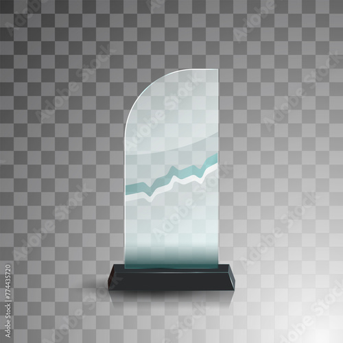 Glass winner trophies. Glass Trophy Awards. First place award, crystal prize and signed acrylic trophies. Glass award trophy or winner prize realistic vector illustration. Transparent crystal plate or