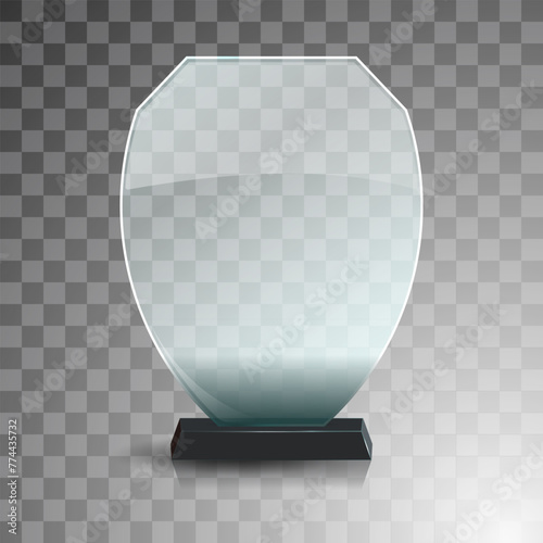 Glass winner trophies. Glass Trophy Awards. First place award, crystal prize and signed acrylic trophies. Glass award trophy or winner prize realistic vector illustration. Transparent crystal plate or
