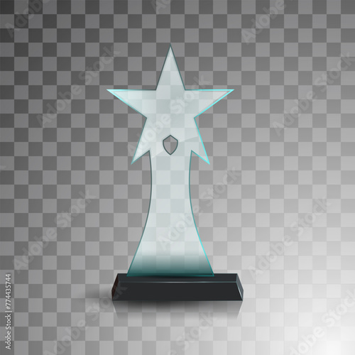 Glass winner trophies. Glass Trophy Awards. First place award, crystal prize and signed acrylic trophies. Glass award trophy or winner prize realistic vector illustration. Transparent crystal plate or