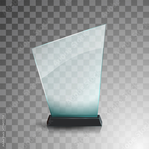 Glass winner trophies. Glass Trophy Awards. First place award, crystal prize and signed acrylic trophies. Glass award trophy or winner prize realistic vector illustration. Transparent crystal plate or