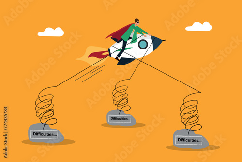 Business difficulty or Overcoming business problems, fighting career obstacles or progress, businessman riding on his private jet while there are obstacles in his way