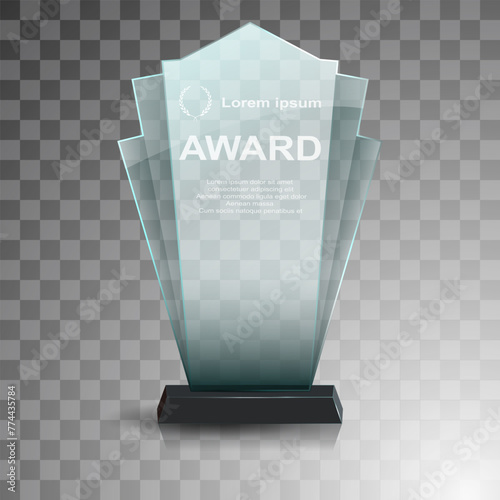 Glass winner trophies. Glass Trophy Awards. First place award, crystal prize and signed acrylic trophies. Glass award trophy or winner prize realistic vector illustration. Transparent crystal plate or