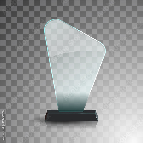 Glass winner trophies. Glass Trophy Awards. First place award, crystal prize and signed acrylic trophies. Glass award trophy or winner prize realistic vector illustration. Transparent crystal plate or