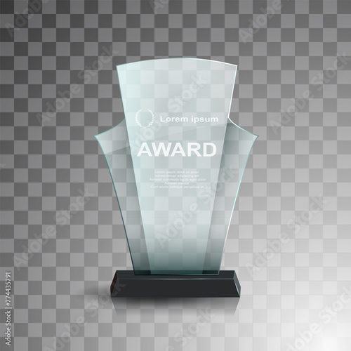 Glass winner trophies. Glass Trophy Awards. First place award, crystal prize and signed acrylic trophies. Glass award trophy or winner prize realistic vector illustration. Transparent crystal plate or