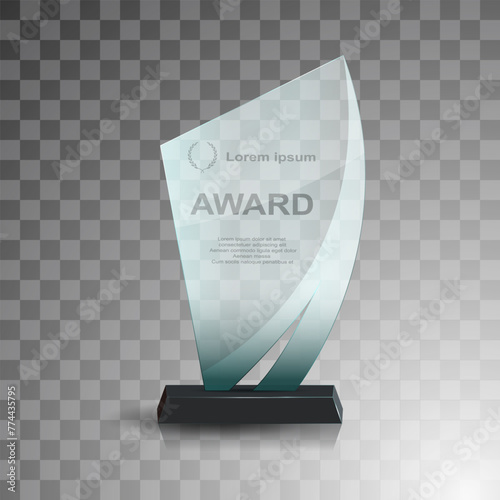 Glass winner trophies. Glass Trophy Awards. First place award, crystal prize and signed acrylic trophies. Glass award trophy or winner prize realistic vector illustration. Transparent crystal plate or