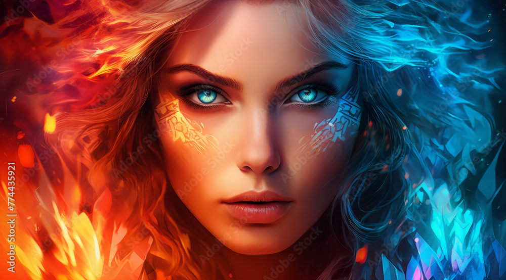 Frosty Temptation: Alluring Blue-eyed Lady Amid Swirling Flames