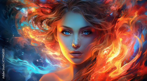 Enchanting Beauty  Captivating Blue-eyed Woman Amidst Whirling Flames and Frost