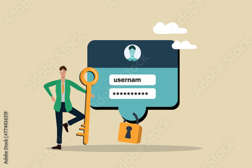 Strong username and password system for cyber security, high protection and safety for login account, secure data privacy, Business man with a key in his hand is standing next to the authentication 