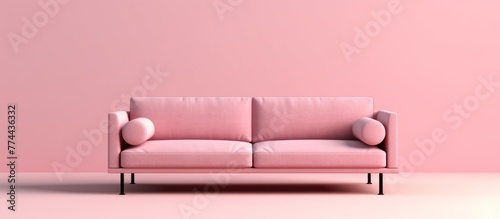 Fashionable comfortable stylish pink fabric sofa with black legs on pink background with shadow. Pink interior