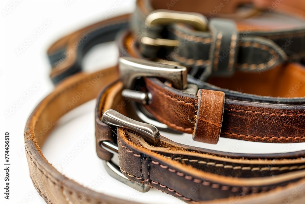 Various leather collars for dogs on a white background