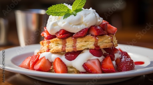 Strawberry shortcake with fresh strawberries and whipped cream. photo