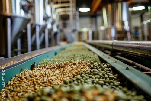 Industrial Conveyor Belt Loaded with Hops and Grains for Brewing Process Illustration