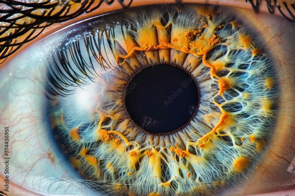 Close-up of a blue and brown human eye with a radial fiber pattern.