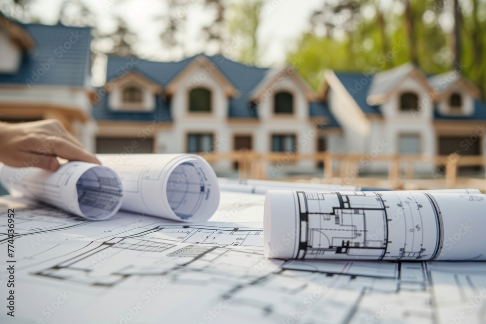 House plans and blueprints on the table with a house in the background House plans and blueprints on the table with a house in the background