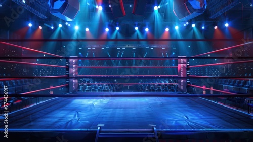 Portrait of an empty boxing ring arena with lights at night. AI generated image