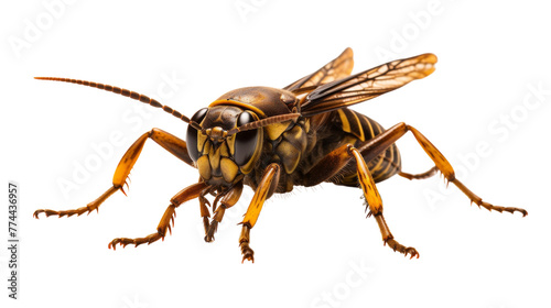 A bee with intricate wings gathers nectar from a flower on a crisp white backdrop