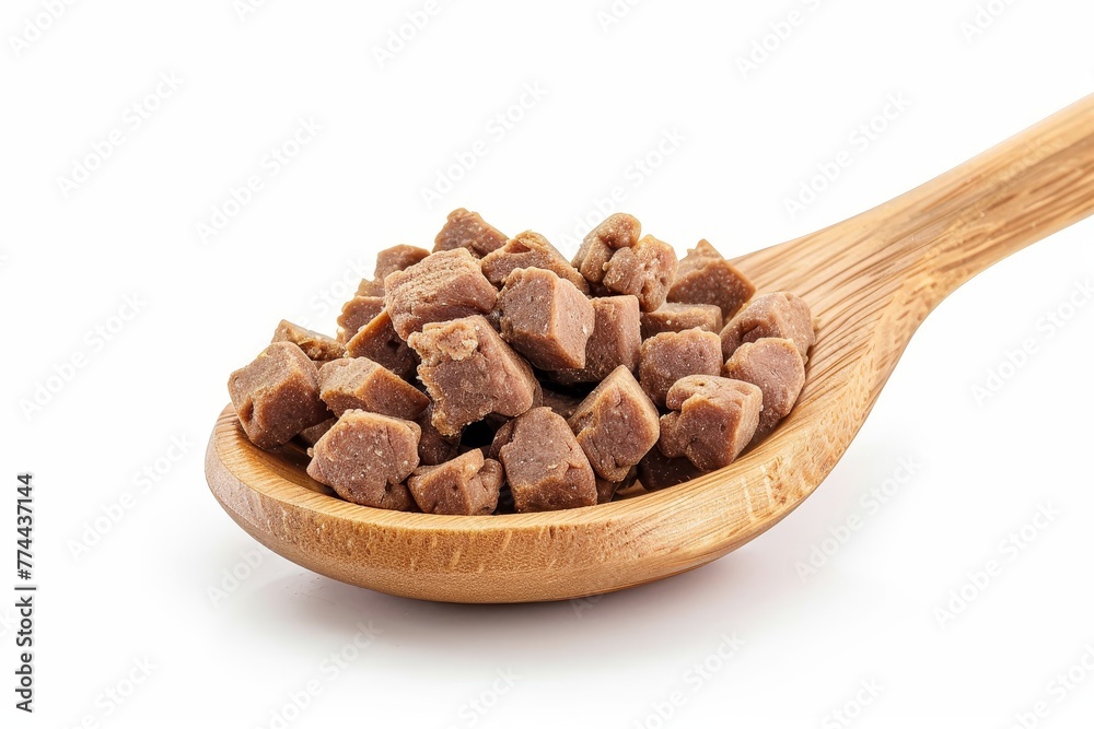 Wet dog food chunks on wooden spoon white background Wet dog food chunks on wooden spoon white background