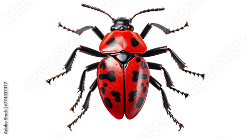 A striking red and black bug with black spots crawls gracefully along a dark backdrop © momina