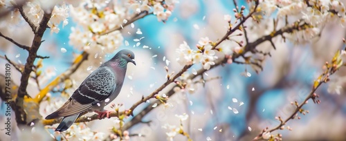 pigeon perching on the flowering tree branch with pink flowers in spring with blue sky n the background.  photo