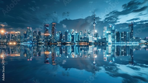 Panoramic reflection waterfront of city skyline in blue tone color. AI generated image