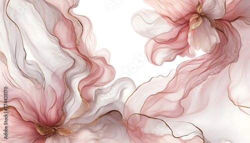 Abstract liquid ink fluid painted luxury marble marbled stone background - Pink petals, blossom flower swirls gold painted splashes