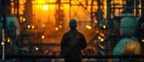 As the day fades into night, the worker's silhouette is etched against the backdrop of the factory, a lone figure in a sea of machinery. Yet in his solitude, he finds strength, 