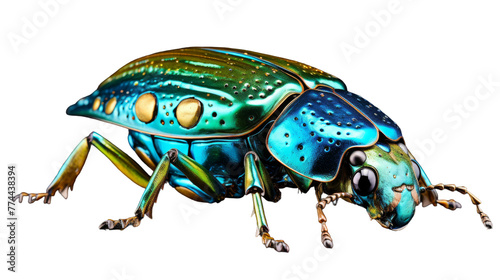 A mesmerizing blue and green insect with striking yellow eyes gazes into the distance