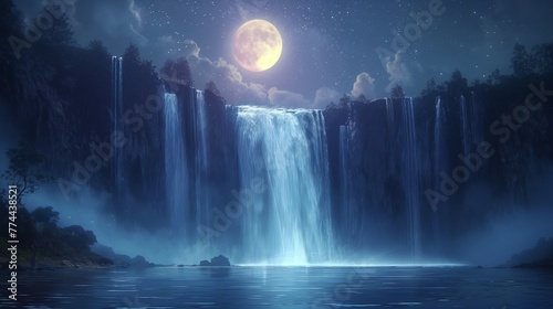 full moon shining over the waterfall. 
