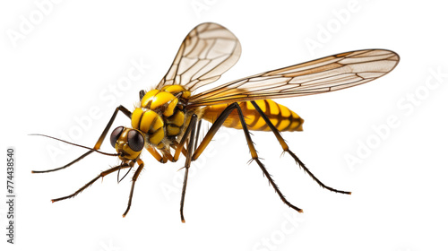 A close up of a bee delicately perched on a white background