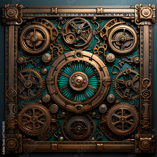 Steampunk Flat wall Panel texture, ornately carved wood, brass, copper, glass, verdigris front view, no perspective