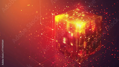 A glowing cube of data in red and gold colors