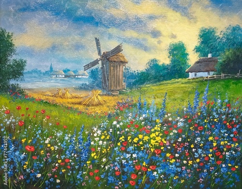 Oil paintings landscape, background made of colorful wild flowers, windmill and flowers, fine art
