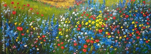 Oil paintings landscape, background made of colorful wild flowers