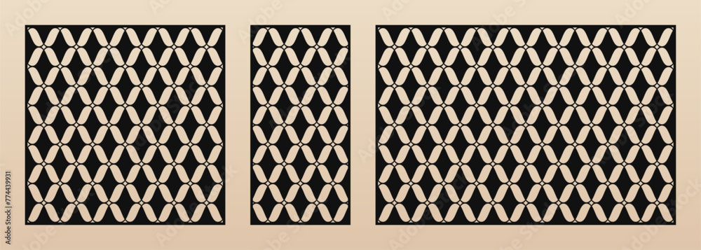 Decorative stencils for laser cut. Vector templates with abstract geometric pattern, mesh, lattice, curved grid texture. Asian style ornaments. Template for cnc cutting. Aspect ratio 1:1, 1:2, 3:2 Decorative stencils for laser cut. Vector templates with abstract geometric pattern, mesh, lattice, curved grid texture. Asian style ornaments. Template for cnc cutting. Aspect ratio 1:1, 1:2, 3:2