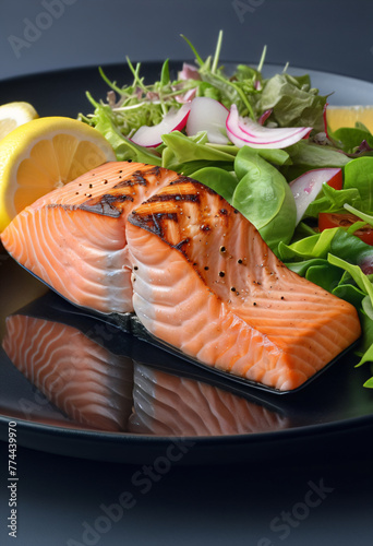 Salmon steak with salad on bllack dish