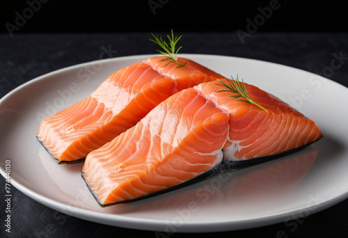 Close up raw salmon steak on white dish