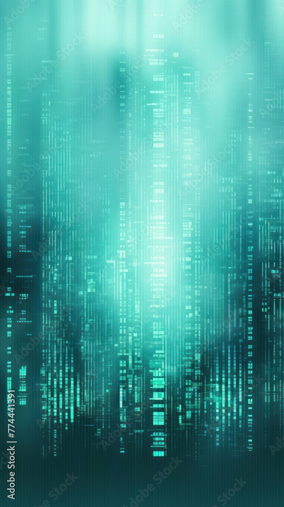 Turquoise animation of glitched looping binary codes over fog-covered background pattern banner with copy space 