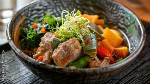 Tasty reishabu japanese cuisine with vegetable salad on bowl. AI generated image